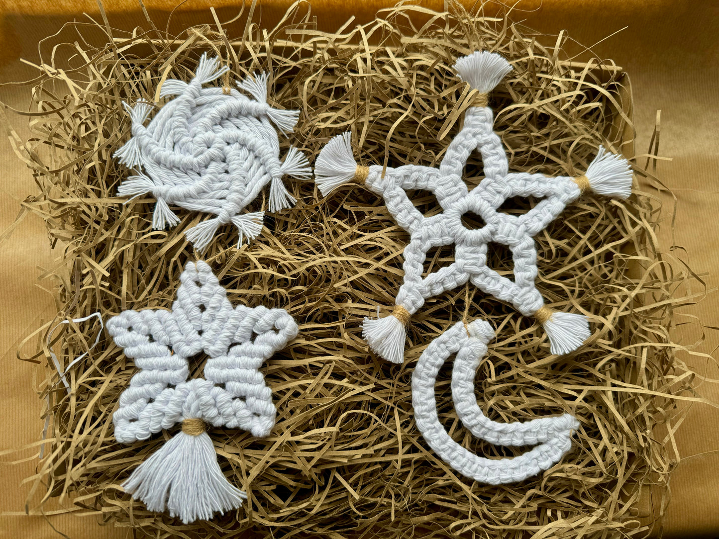 Macrame Christmas Ornament Set | Celestial Moon & Stars Boho Tree Decorations