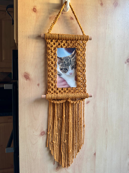 a yellow macrame photo frame with a fringe containing a photo of a cat on a wooden surface
