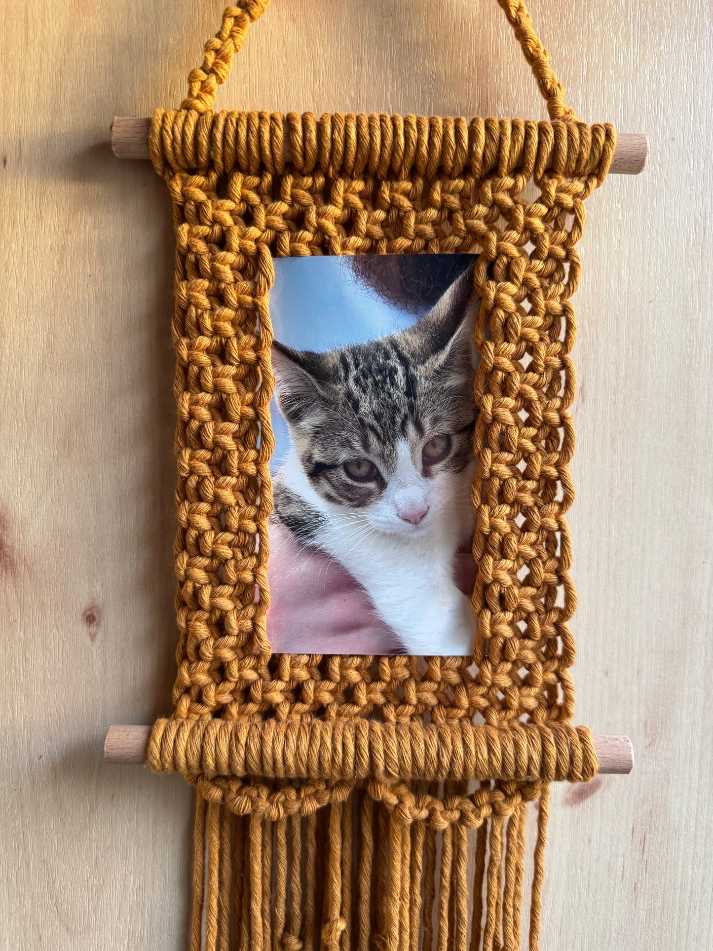 Mustard macrame photo frame containing a photo of a cat
