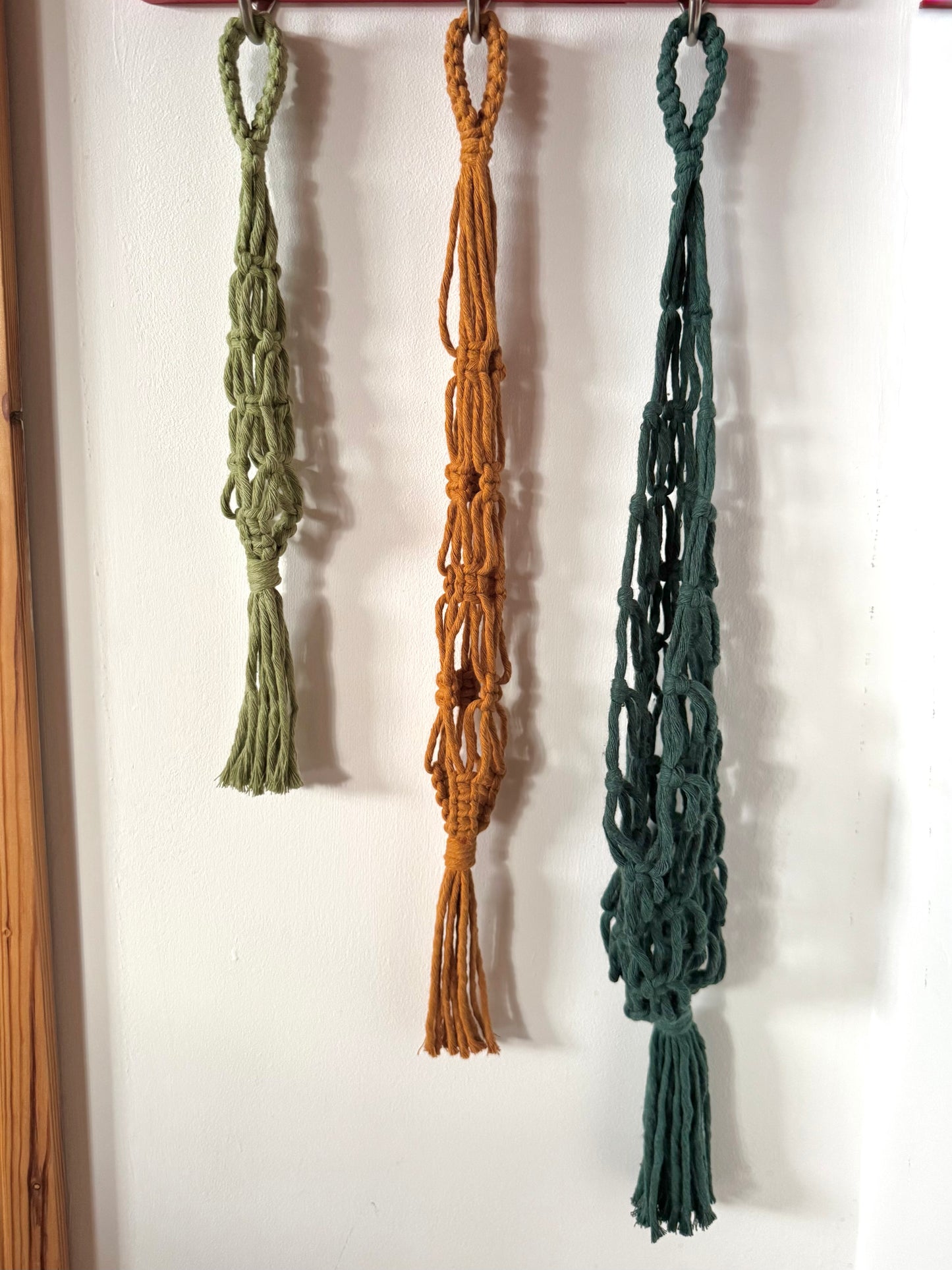 Three macrame net hangers in green, yellow , and dark green hanging against a white wall.