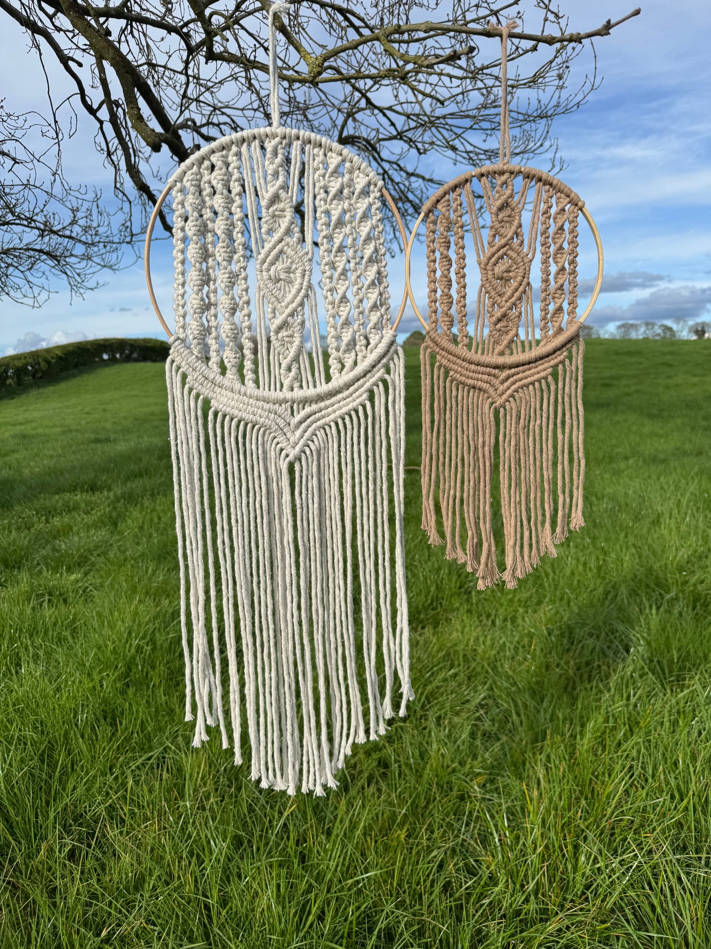 Macrame wall hanging with circular patterns on a grassy background