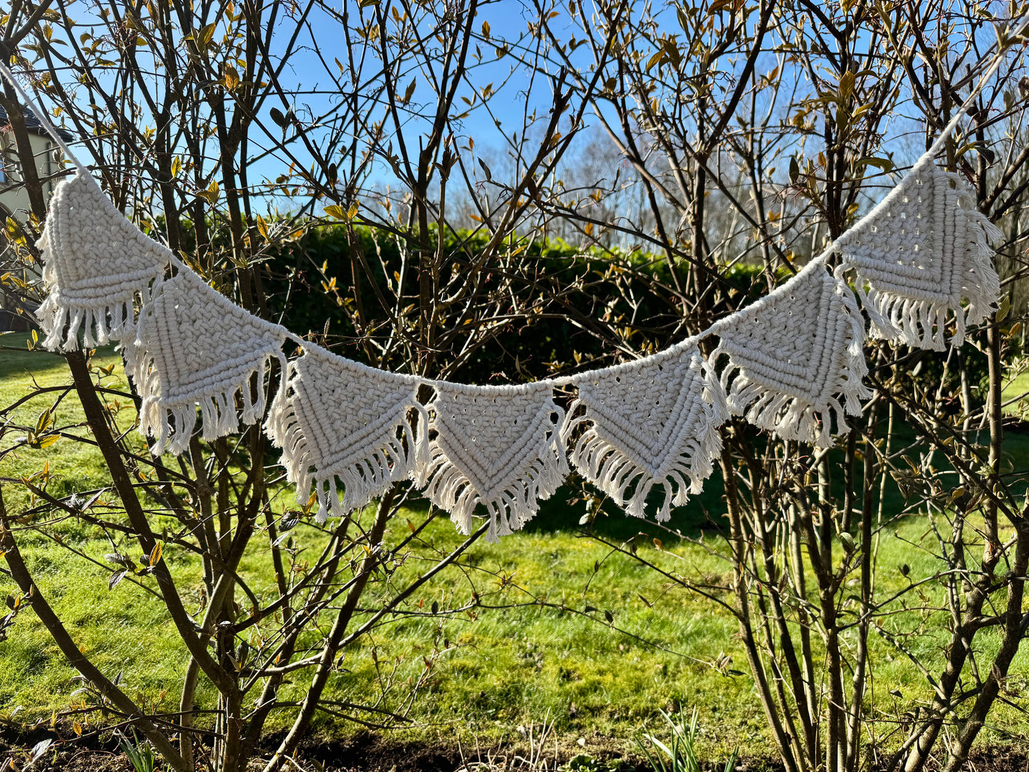 Macrame triangle banner with tassels hanging from a tree outdoors.