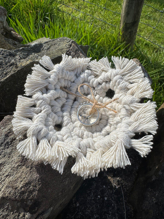 white macrame wedding ring holder 