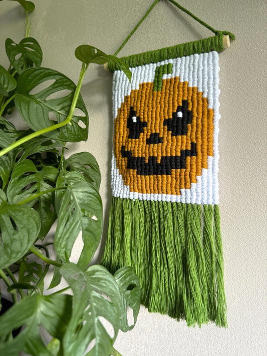 Handmade wall hanging with a pumpkin design and green fringe, hanging on a wall next to a plant.